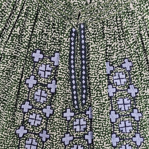 Rungolee Barcelona Embroidered Blouse Size XXS Silk Crepe V Neck Top Green Blue - Picture 3 of 6